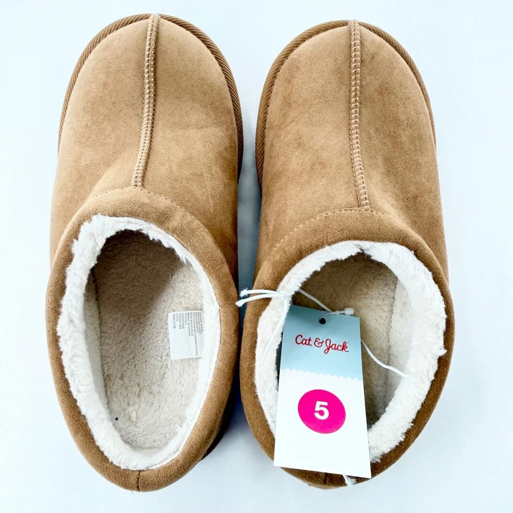 Cat & Jack Nola Brown Faux Suede Faux Fur Lined Slippers Kids Size 5 NWT